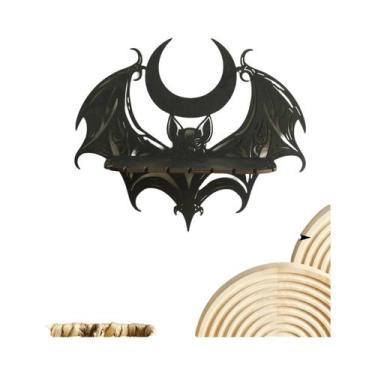 Imagem de Prateleira De Parede De Madeira Gótica Preta Com Morcego E Lua, Suport
