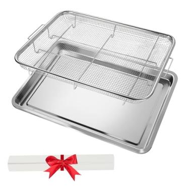 Imagem de Cesta de fritadeira a ar extra grande para forno de aço inoxidável de 45 x 30 cm, conjunto de cesta e bandeja de fritadeira a ar de forno com 30 peças de papéis de pergaminho, panela de bacon para
