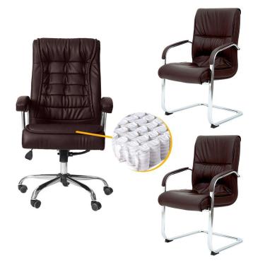 Imagem de Kit Cadeiras De Escritório, 1 Cadeira Presidente Munique Big + 2 Fixas Marrom - Waw Design