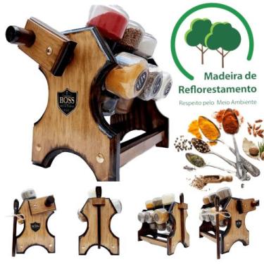 Imagem de Porta temperos giratório com manivela em madeira e 12 potes - Boss Art