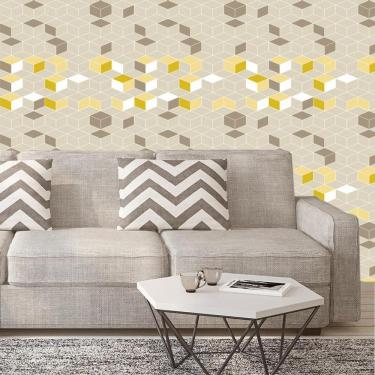 Imagem de Papel De Parede Cubos Amarelos Cinza Marrom Autocolante Sala