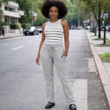 Imagem de Calça Básica Feminina Reta Moletom Stretch Flanelado Malwee, P, Cinza