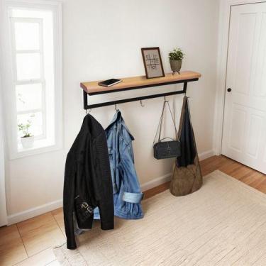 Imagem de Prateleira Aço Estilo Industrial Ganchos Tampo Madeira 9x62cm - Movera