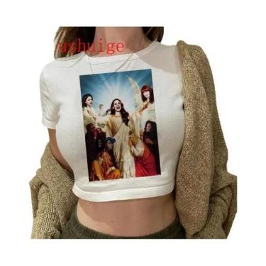 Imagem de Camiseta Vintage Crop Top Harajuku Feminina De Manga Curta Com Gráfico