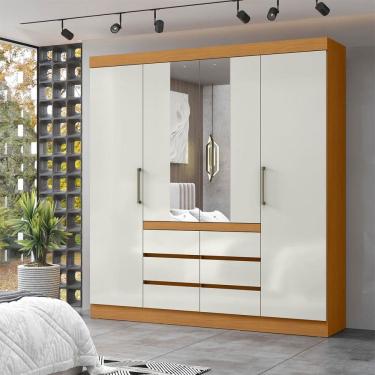 Imagem de Guarda-Roupa Casal Medina 4 Portas 6 Gavetas com Espelho Cinamomo/Off White - Mx Móveis