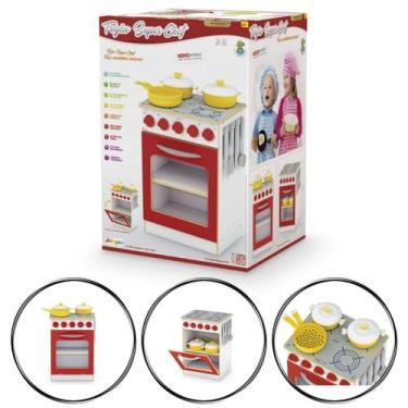 Imagem de Fogão De Cozinha Brinquedo Infantil Rosa De Madeira Vermelho - Junges
