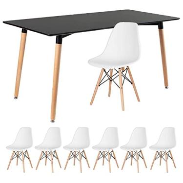 Imagem de Loft7, Kit Mesa de jantar retangular Eames 80 x 160 cm preto + 6 cadeiras Eiffel Dsw Branco