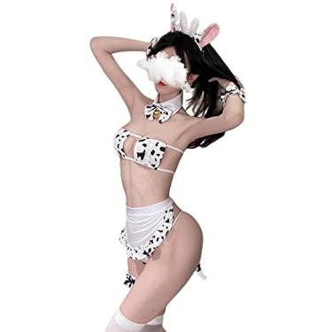Imagem de Cosplay de vaca feminino biquíni japonês anime lingerie sexy feminina sexy, Preto e branco, Tamanho Único
