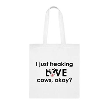 Imagem de Sacola de vacas, sacola I Just Freaking Love Cows Okay, presente de vacas, bolsa de ombro de vacas, bolsas reutilizáveis de vacas, cesta de Natal de aniversário, ideia de presente, Branco