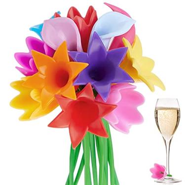 Imagem de 12 peças de pingentes de vinho florais Calla Lily Marcadores de bebida Tulipa Silicone Marcador de Vinho para Identificação Coquetel Martini Vinho Casamento Despedida de Solteira Lembranças de Vidro