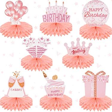 Imagem de 8 peças de decoração de festa de feliz aniversário, centros de mesa de aniversário para decoração de mesa de aniversário em ouro rosa para lembrancinhas de festa de aniversário para mulheres e meninas