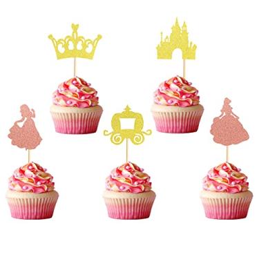 Imagem de Arthsdite Pacote com 40 topos de cupcake de princesa pré-montados coroa castelo menina topo de cupcake palitos de frutas de aniversário para decoração de festa tema princesa