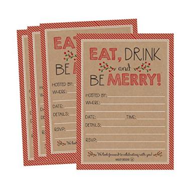 Imagem de 25 convites rústicos para festas de fim de ano, convites de jantar de Natal, ideias temáticas para eventos festivos de inverno, Kraft Eat Drink Merry Red Adultos Bday Supplies, modelo impresso