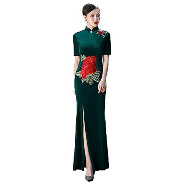 Imagem de Yajun Velour Cheongsam Vestidos Chineses Feminino Slim Fit Longo Qipao Vintage Stretch Plus Size Vestidos Divididos Verão Uso Diário, Verde, G (Peito: 90cm)