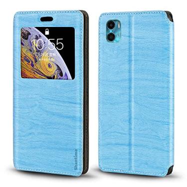 Imagem de Capa para Motorola Moto E32 4G India, capa de couro de grão de madeira com suporte de cartão e janela, capa flip magnética para Motorola Moto E32 4G India (6,5 polegadas) azul celeste