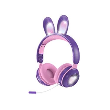 Imagem de Fones de ouvido de orelha de coelho sem fio com microfone, jogo fofo rgb estéreo jogo dobrável aux 3,5mm tf card hapntes de orelha excessiva ajuste infantil garotas purple