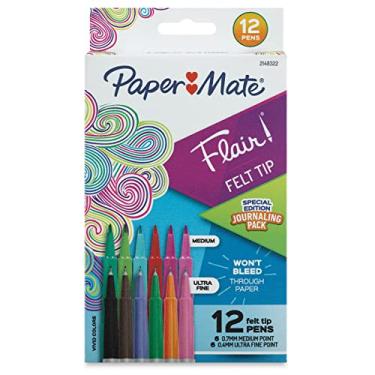Imagem de Paper Mate Conjunto de canetas com ponta de feltro Flair, pacote de diário, cores sortidas, conjunto de 12