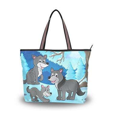 Imagem de ColourLife Bolsa de ombro com tema de lobos, alça superior, sacola de tecido de poliéster para mulheres, Colorido., Large