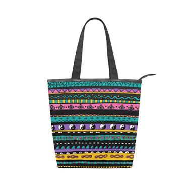 Imagem de Bolsa feminina de lona durável colorida com diagrama tribal Tai Chi listras étnicas grande capacidade sacola de compras bolsa de ombro
