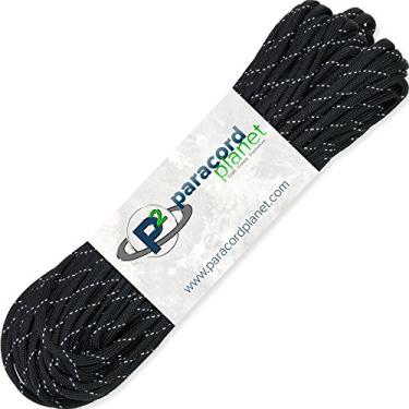 Imagem de Corda de 30 metros de nylon preto 550 Paracord com trator refletor de luz entrelaçada