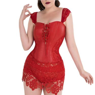 Imagem de Corset Corpete Corselet Redutor Modelador Mini Saia Couro Renda Vermelho 1 Peça M301