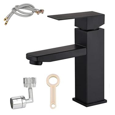 Imagem de Torneira de lavatório com torneira de água quente e fria torneira de banheiro de manípulo único, preta