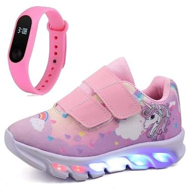Imagem de Tenis Infantil De Led Unicornio Calce Facil Meninas LIGHT + Relogio Cor:Rosa;Tamanho:23