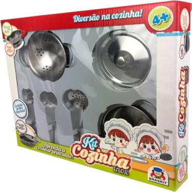 Imagem de Brinquedo Kit Cozinha 6 Peças Em Inox Escorredor de Macarrão e Utensílios Braskit