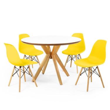 Imagem de Conjunto Mesa de Jantar Redonda Marci Premium Branca 100cm com 4 Cadeiras Eames Eiffel - Amarelo