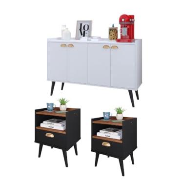 Imagem de Kit Casa Completa 2 Mesas Cabeceira Estilo Mesinhas Lateral Cama Aparador Buffet Kiev Cantinho Café Cozinha Sala Estar - RPM Móveis (Preto/Freijó | Branco)