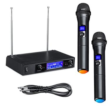 Imagem de SIMBAE Microfone profissional microfones de karaokê UHF profissional 2 canais sem fio microfone portátil duplo display LCD digital conjunto de sistema de microfone para festa, casamento, igreja, discurso