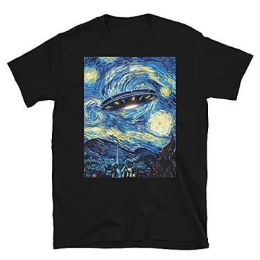 Imagem de UFO Alienígena Abduction Camiseta de manga curta com pintura de Van Gogh, Preto, G