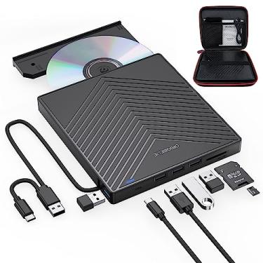 Imagem de ORIGBELIE Unidade de CD de DVD externa, gravador de CD ultrafino USB 3,0 com 4 portas USB e 2 ranhuras para cartões TF/SD, unidade de disco ótico para computador portátil Mac PC