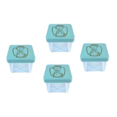 Imagem de 24 Caixinhas Acrílica 4x4cm Tampa Presente Gravura Anjo Dourado para Mimos Batizado Lembrancinhas Nascimento Anjinho Natal Maternidade (Azul)
