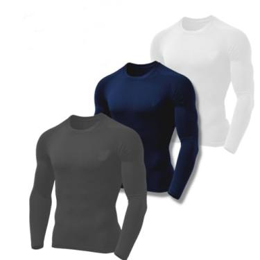 Imagem de Kit 3 Camisetas Masculinas Segunda Pele Térmica Proteção Solar Uv 50+ Manga Longa Dry Fit (G, Azul Marinho/Chumbo/Branco)