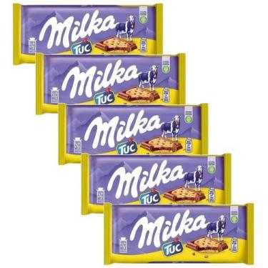 Imagem de Kit 5 Chocolate Milka Ao Leite Com Biscoito Salgado Tuc 87G