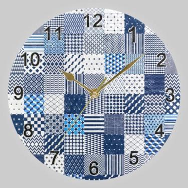Imagem de CHIFIGNO Relógio circular redondo acolchoado azul branco patchwork, relógios de parede silenciosos operados por bateria 10 relógios de parede redondos decoração de parede para cozinha, sala de estar
