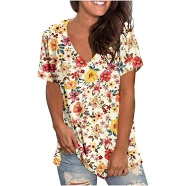 Imagem de Camisetas femininas para outono verão manga curta gola V estampa floral solto tops longos blusas femininas 2024 Y2K, J-136 Amarelo Mostarda, XG
