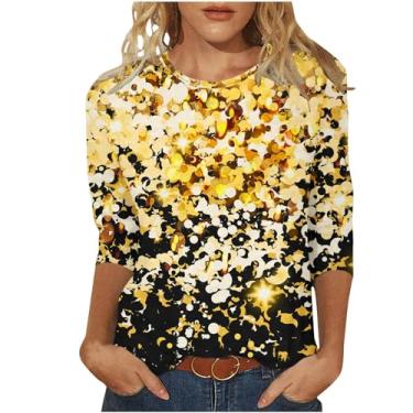 Imagem de Blusa feminina com manga 3/4 para sair com estampa de flores, casual, macia, moderna, gola redonda, túnica elegante, Amarelo, M