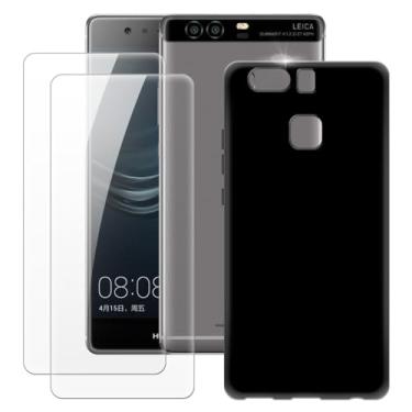 Imagem de MILEGOO Capa para Huawei P9 + 2 peças protetoras de tela de vidro temperado, capa ultrafina de silicone TPU macio à prova de choque para Huawei P9 (5,2 polegadas), preta