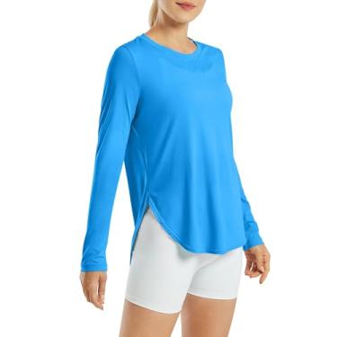 Imagem de G4Free Camisas femininas FPS 50+ UV manga longa treino sol camisa academia ao ar livre caminhada tops secagem rápida leve, Azul oceano, M
