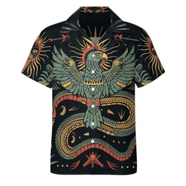 Imagem de Lontse Camisa masculina de manga curta com botão águia animal camisa casual praia camisas havaianas, Preto 3, GG