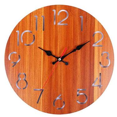 Imagem de Relógio de parede ao ar livre, relógio de parede digital redondo de madeira, relógio de parede impermeável de jardim de 30 cm, decoração, para pátio/pátio, marrom