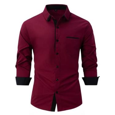 Imagem de Camisa casual masculina de manga comprida com cores contrastantes, abotoada, caimento justo, camisa social para negócios, Vinho tinto, XXG