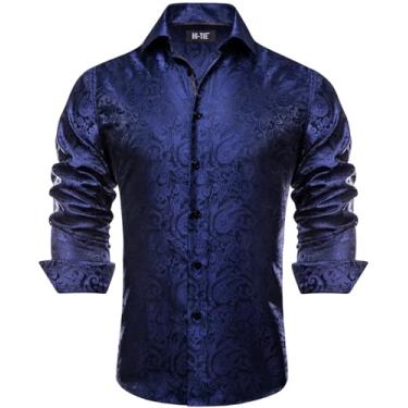 Imagem de Hi-Tie Camisas sociais masculinas de seda jacquard manga longa casual abotoada formal casamento camisa de festa de negócios, Azul-marinho floral 2, G