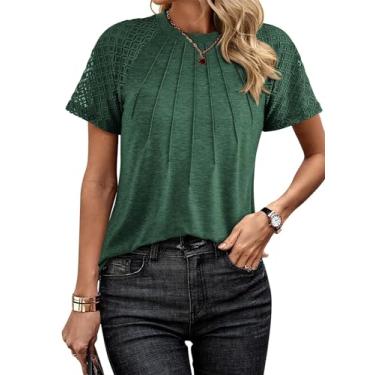 Imagem de KIRUNDO Blusas femininas fashion 2024 verão elegantes casuais renda manga curta plissado gola redonda camisetas túnicas, Verde escuro, G