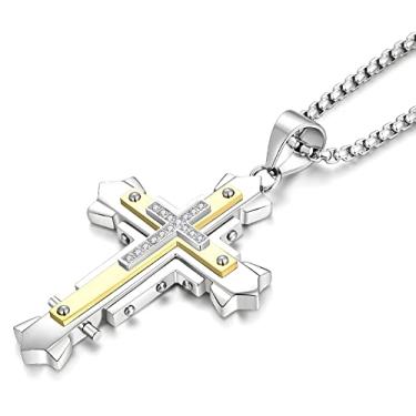 Imagem de JUNOVUROS Colar de cruz de dois tamanhos diferentes para homens e meninos 316L aço inoxidável colar com pingente de cruz para homens meninos prata ouro preto com corrente de elos redondos de 50 a 71 cm e corrente bizantina, 20'' Rolo, Aço inoxidável, Zircônia cúbica