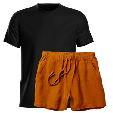 Imagem de Kit Conjunto Camiseta Algodao e Short Linho Bermuda Masculina Moda Praia Luxo (Preto e Caqui, P)
