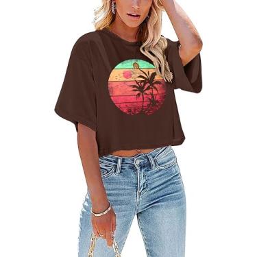 Imagem de CAZYCHILD Camisetas havaianas femininas para sol, sal e areia, coqueiro, verão, praia, estampado, camiseta cropped casual, Marrom, M