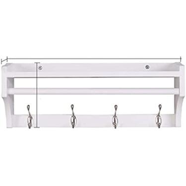 Imagem de Cabide moderno montado na parede com prateleira branca, cabide de parede com 4/5/6 ganchos duplos de metal para corredor, banheiro, sala de estar, quarto, madeira maciça, branco, 5 ganchos